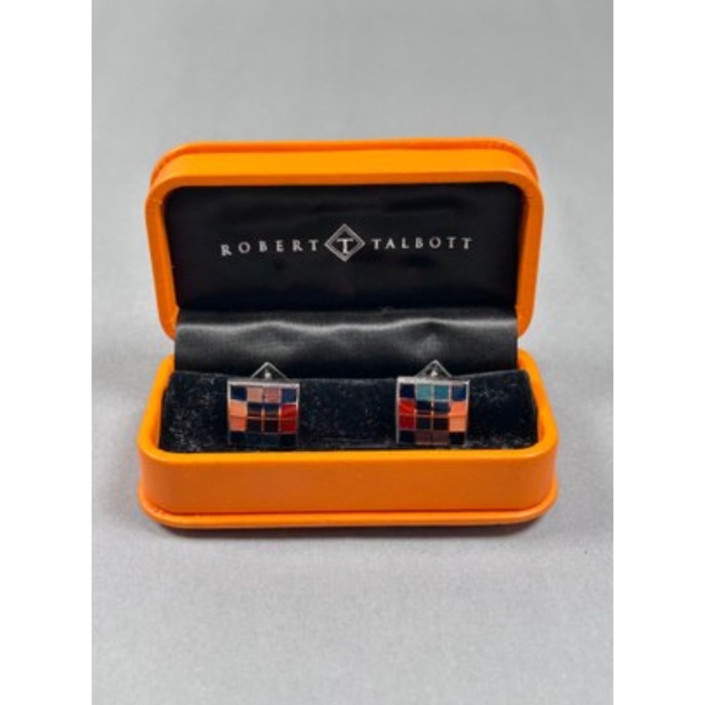 Robert Talbott Square Enamel Cufflinks Multicolor Check Silver Tone OS Excellent